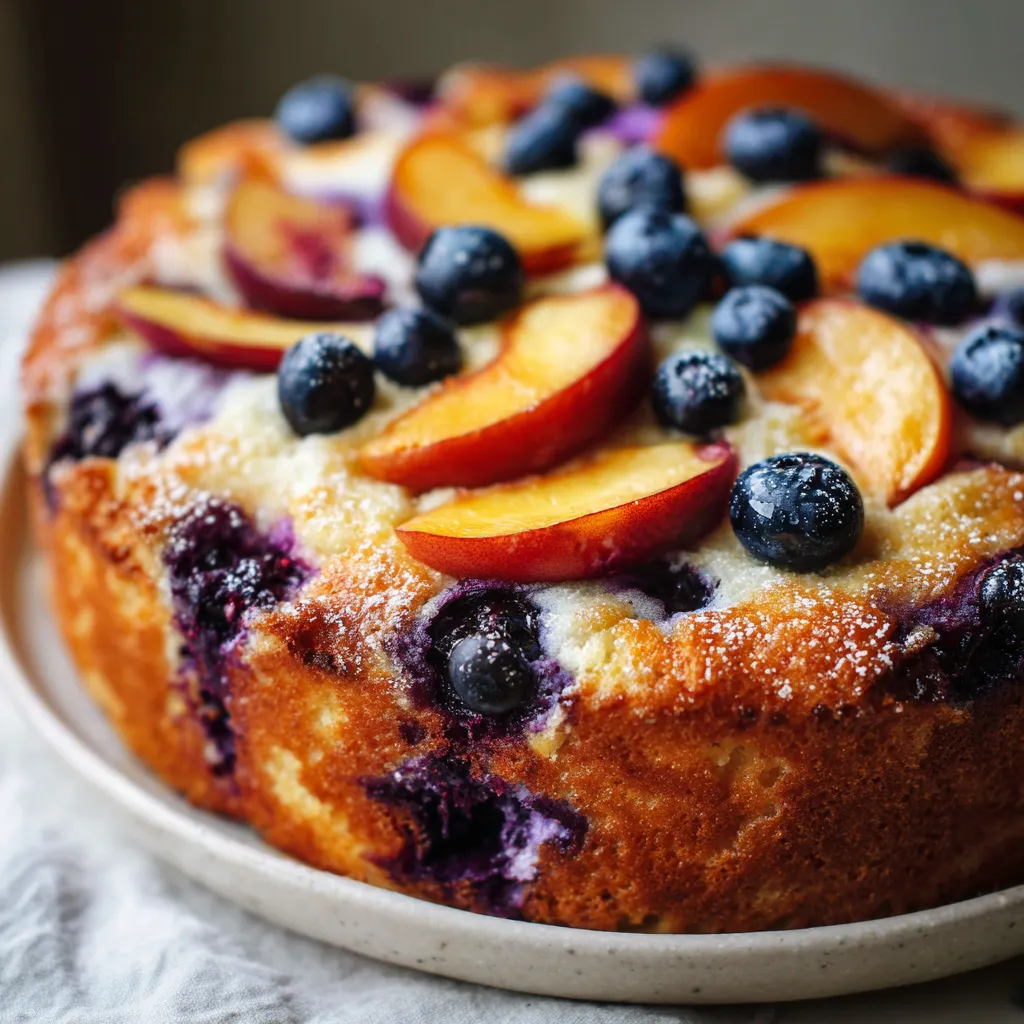 A moist Greek yogurt cake topped with peach slices and blueberries on a white plate.