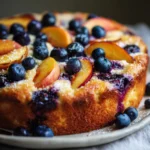 A moist Greek yogurt cake topped with peach slices and blueberries on a white plate.