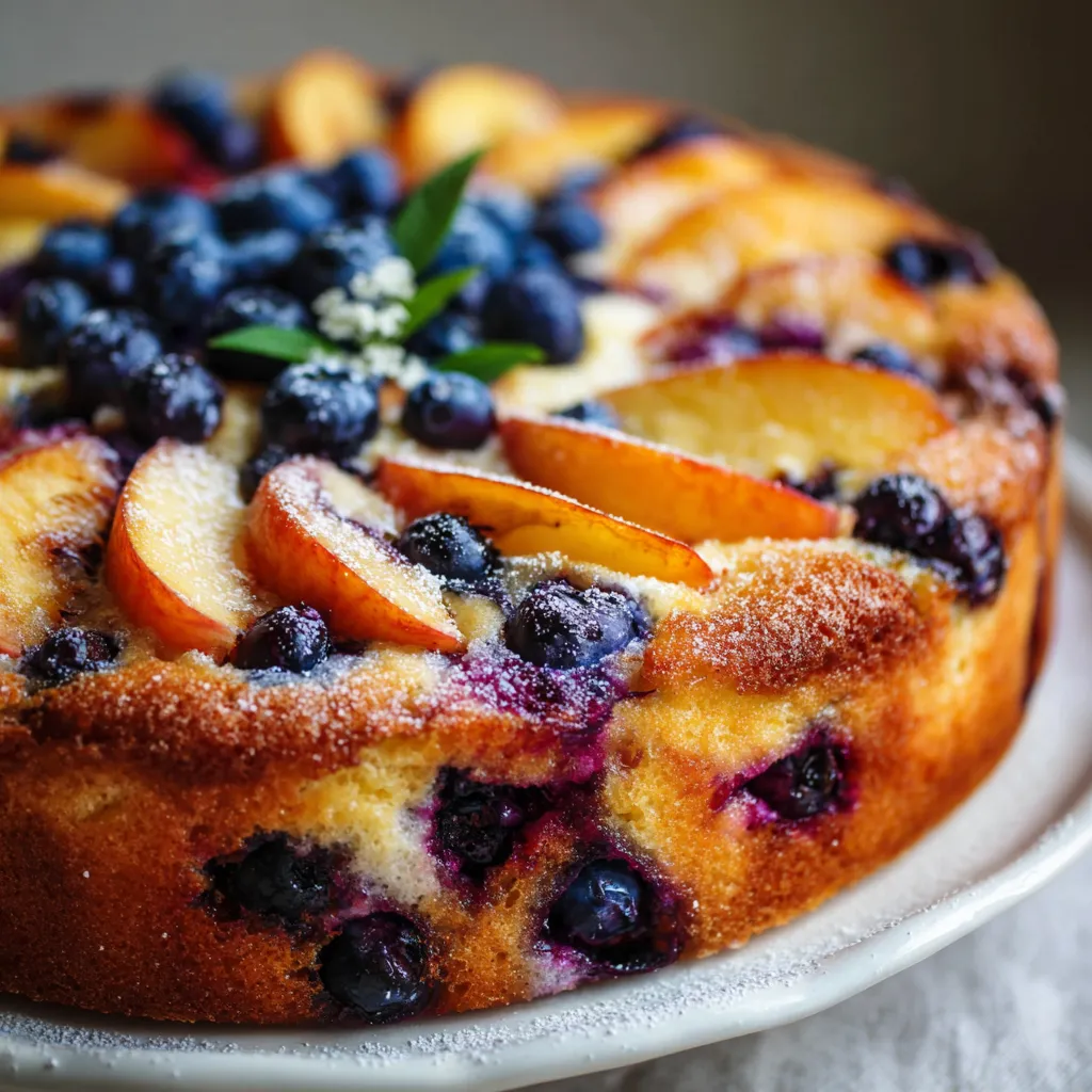 A moist Greek yogurt cake topped with peach slices and blueberries on a white plate.