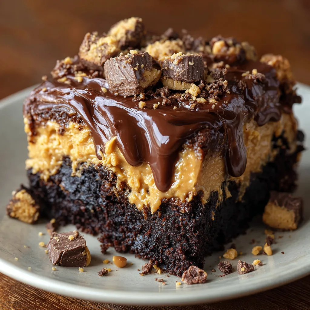 Gooey chocolate peanut butter dump cake with melted chocolate chips and chopped Reese’s cups, served warm in a baking dish.
