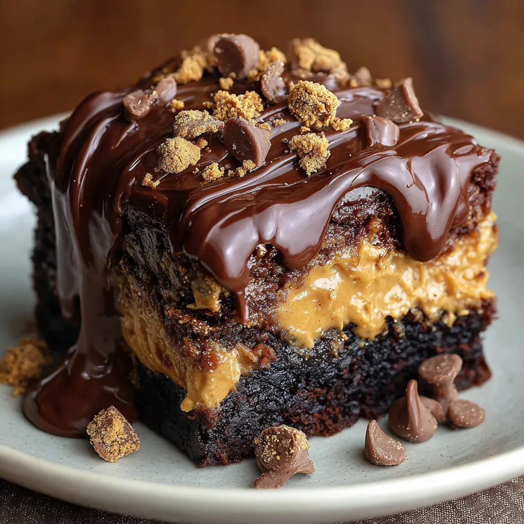Gooey chocolate peanut butter dump cake with melted chocolate chips and chopped Reese’s cups, served warm in a baking dish.