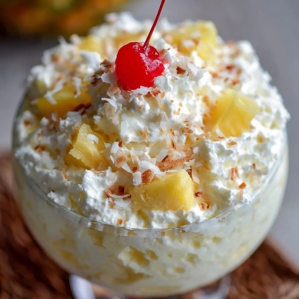 A bowl of creamy Pina Colada Fluff topped with shredded coconut and a cherry.