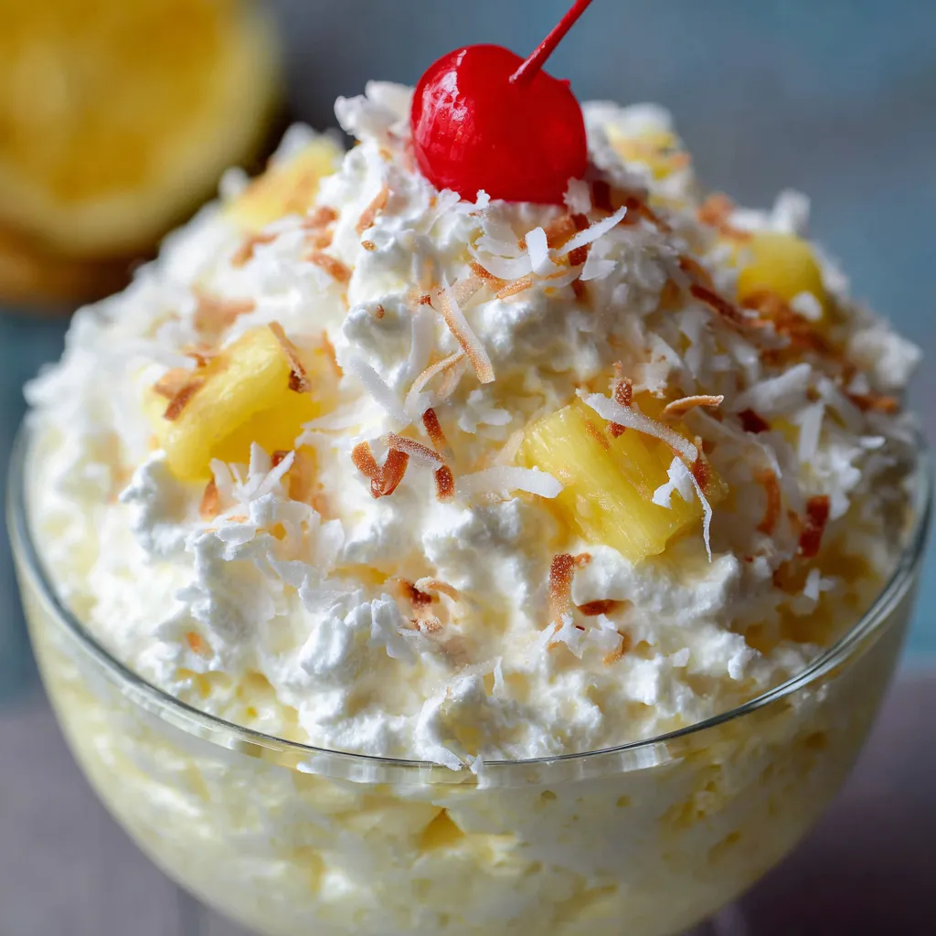 A bowl of creamy Pina Colada Fluff topped with shredded coconut and a cherry.