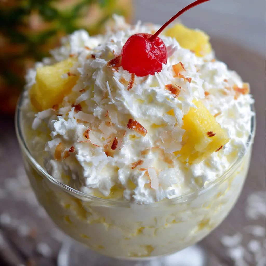 A bowl of creamy Pina Colada Fluff topped with shredded coconut and a cherry.