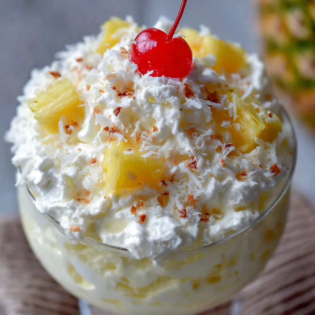 A bowl of creamy Pina Colada Fluff topped with shredded coconut and a cherry.