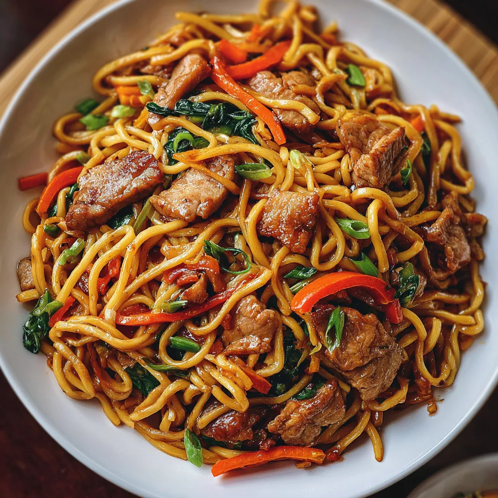 Bowl of Pork Lo Mein with noodles, vegetables, and green onion garnish.