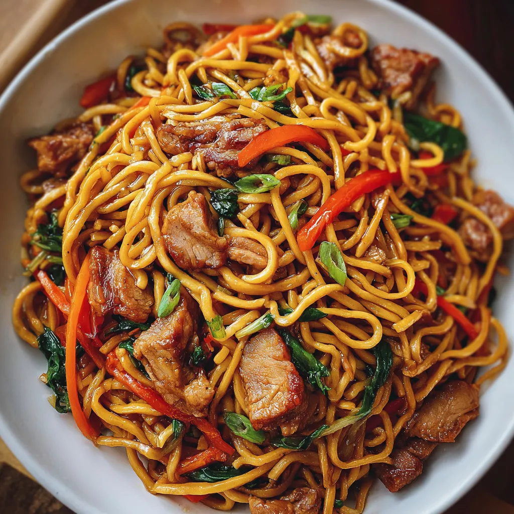 Bowl of Pork Lo Mein with noodles, vegetables, and green onion garnish.