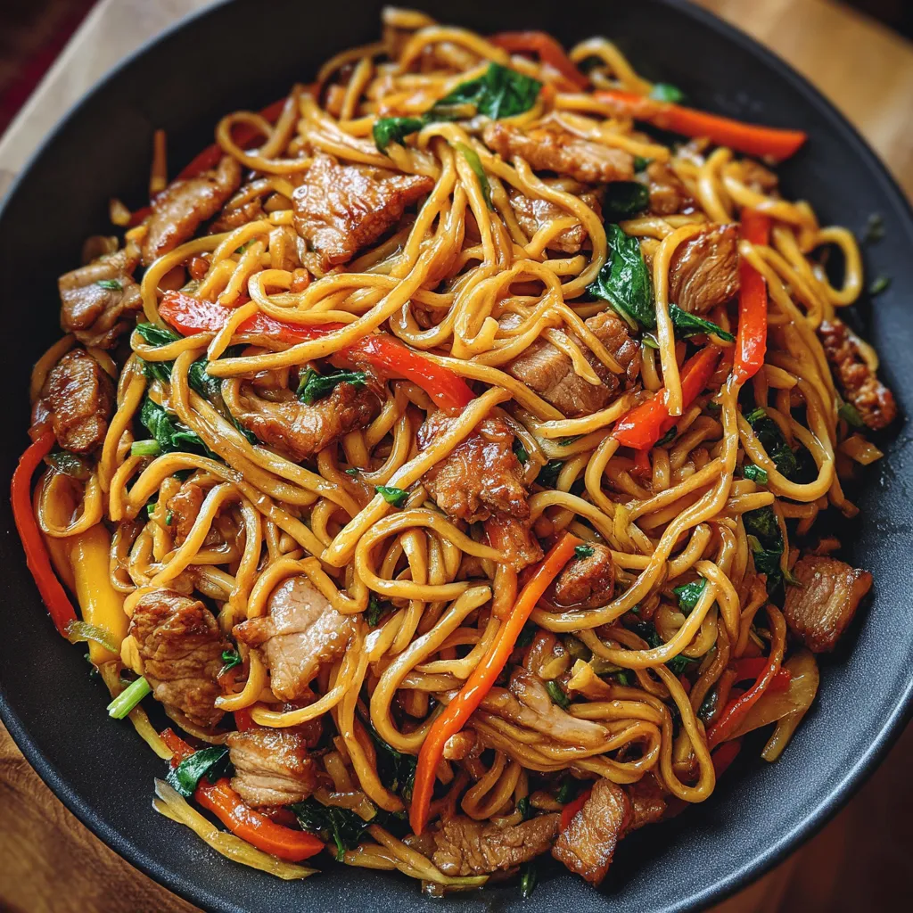 Bowl of Pork Lo Mein with noodles, vegetables, and green onion garnish.