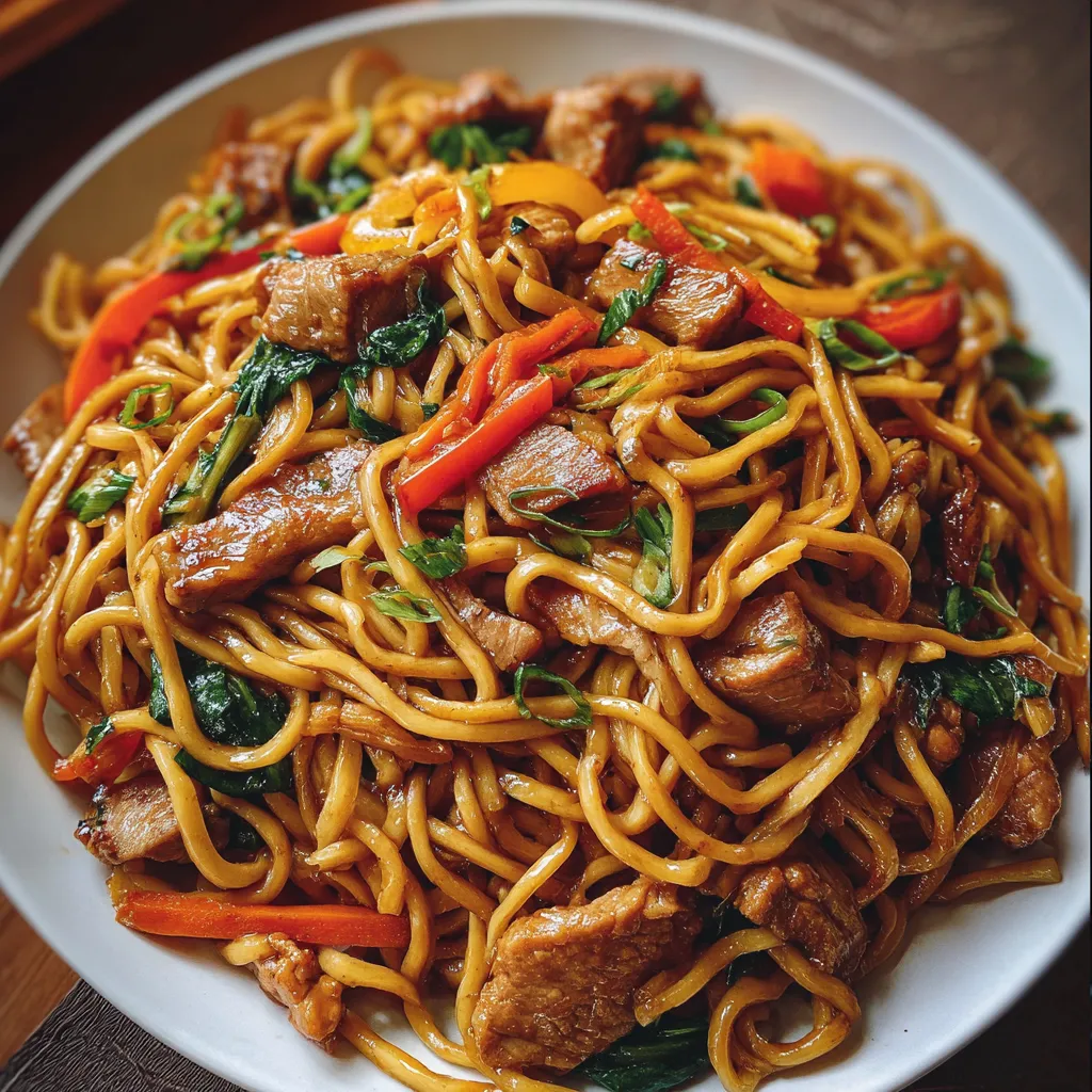 Bowl of Pork Lo Mein with noodles, vegetables, and green onion garnish.
