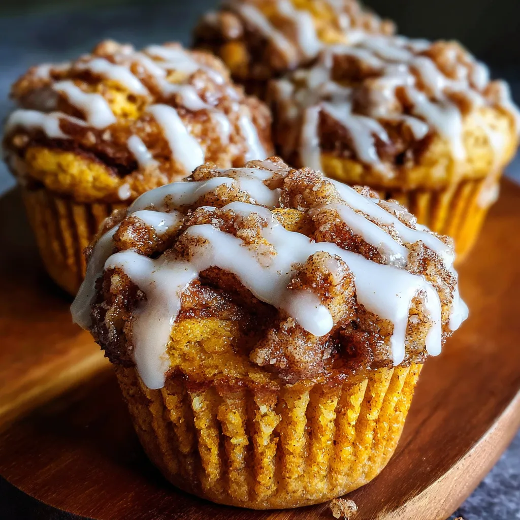 Moist pumpkin cinnamon roll muffins topped with vanilla glaze on a rustic baking tray.