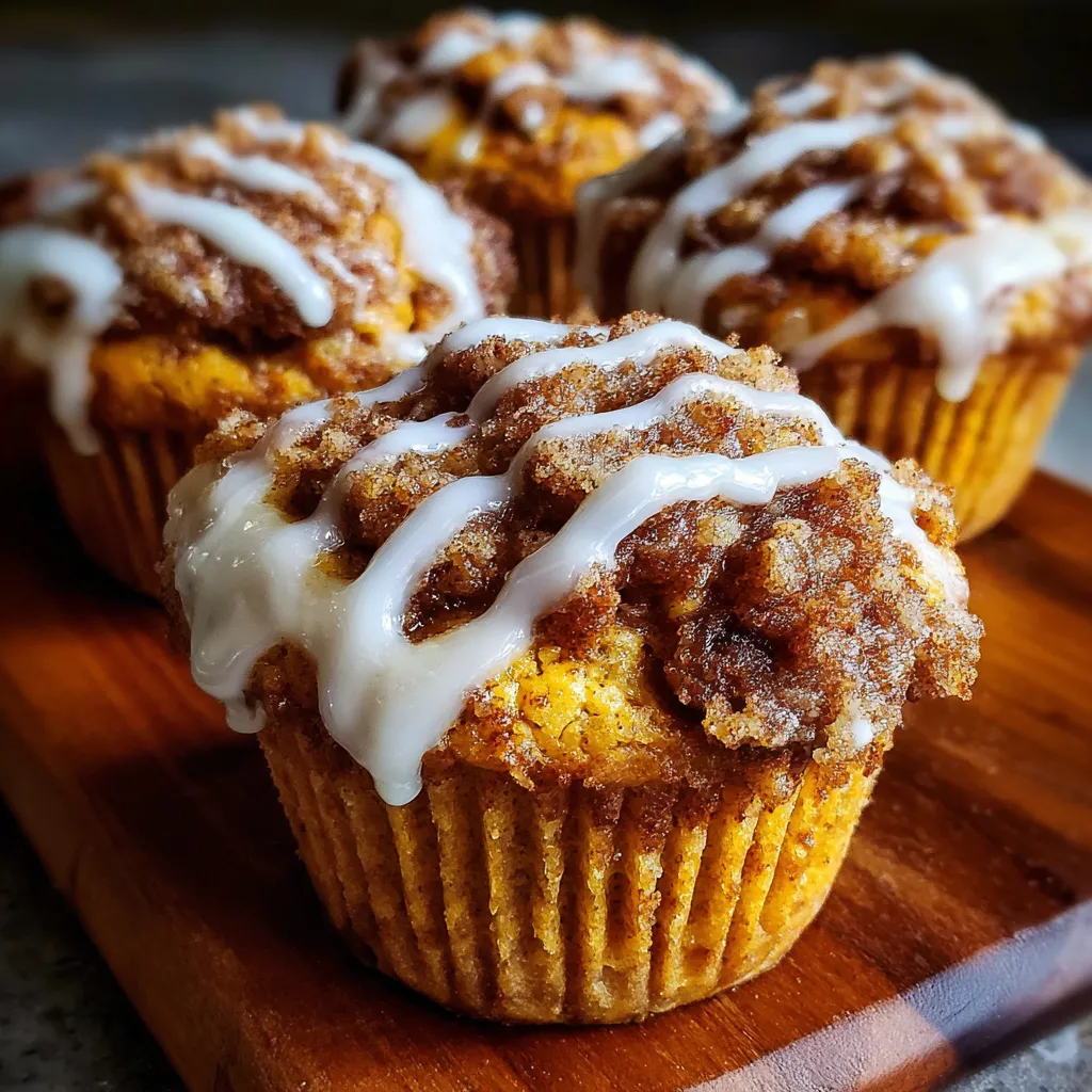 Moist pumpkin cinnamon roll muffins topped with vanilla glaze on a rustic baking tray.