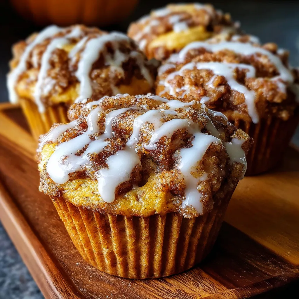Moist pumpkin cinnamon roll muffins topped with vanilla glaze on a rustic baking tray.