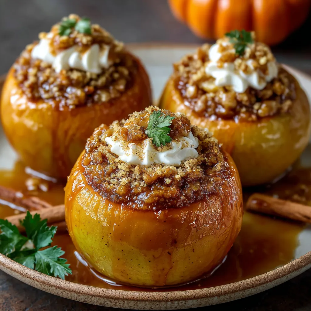 Baked apple filled with pumpkin pie filling and topped with whipped cream on a rustic plate.
