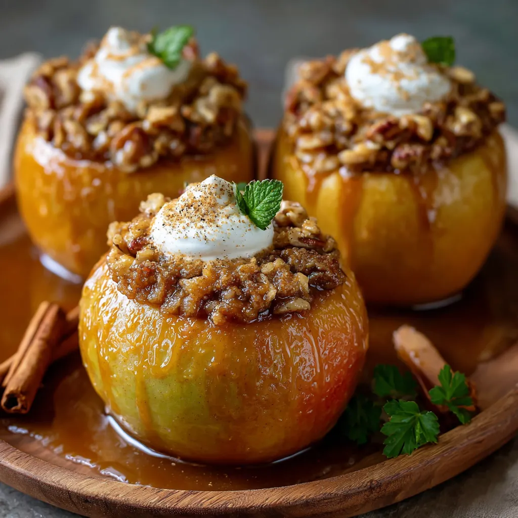Baked apple filled with pumpkin pie filling and topped with whipped cream on a rustic plate.