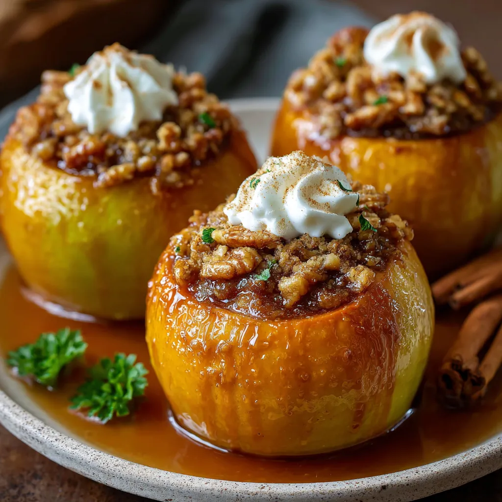 Baked apple filled with pumpkin pie filling and topped with whipped cream on a rustic plate.