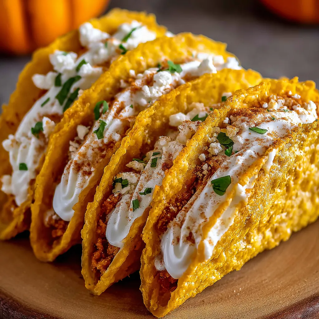 Pumpkin Pie Tacos filled with pumpkin cream and topped with whipped cream, cinnamon, and caramel drizzle