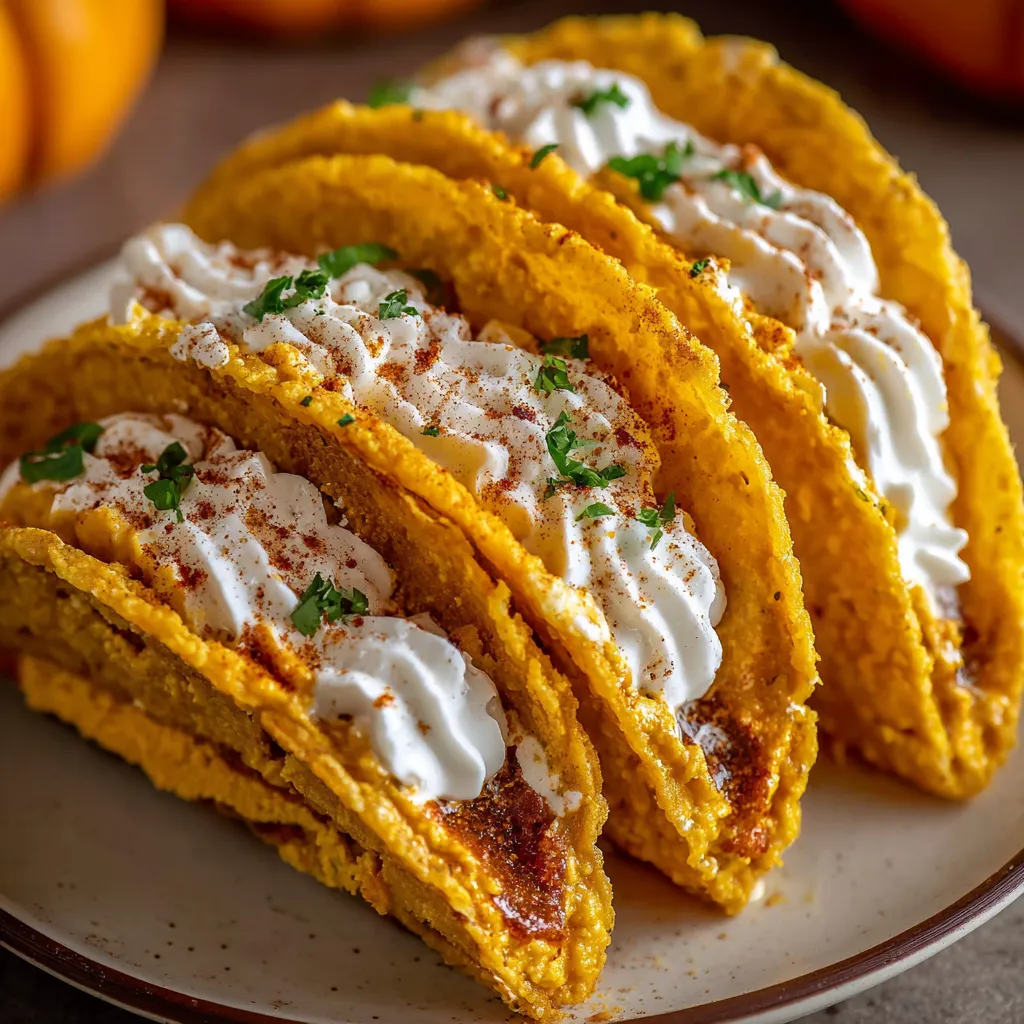 Pumpkin Pie Tacos filled with pumpkin cream and topped with whipped cream, cinnamon, and caramel drizzle