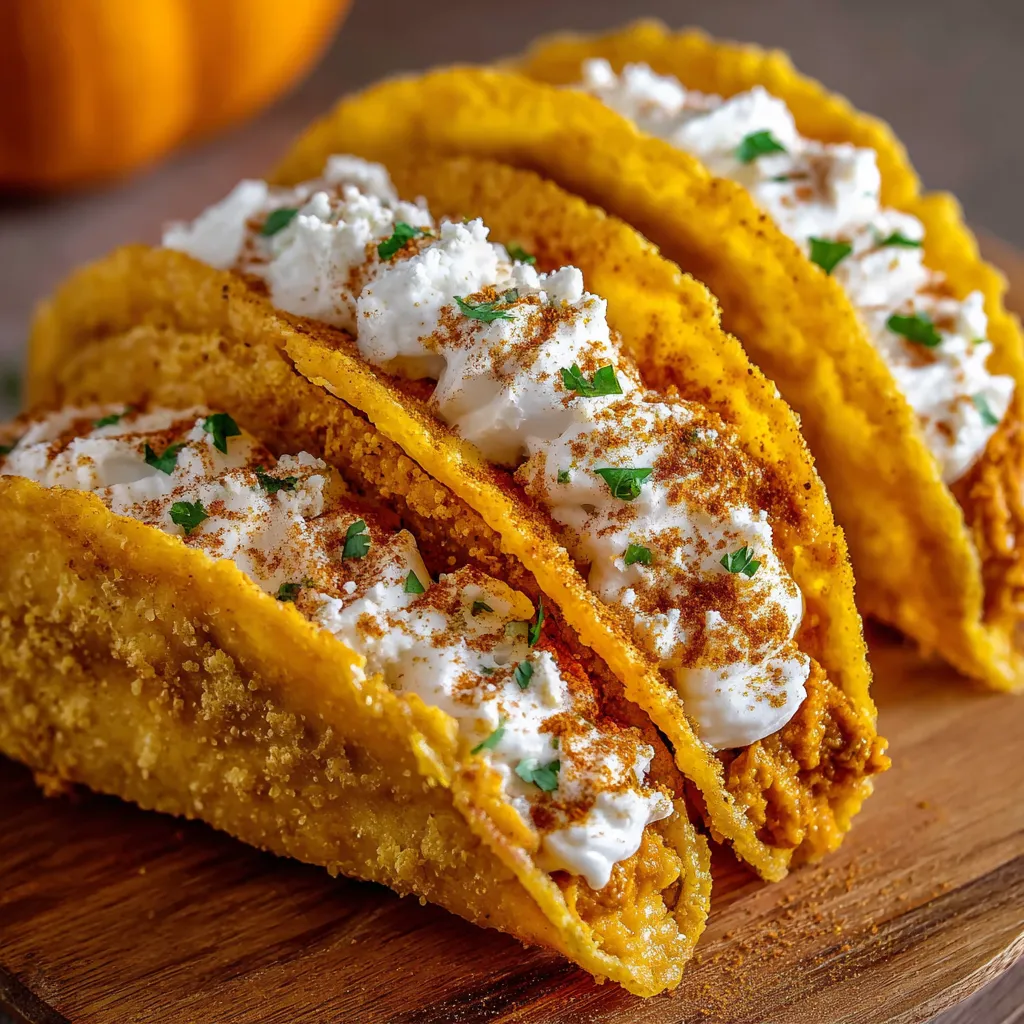 Pumpkin Pie Tacos filled with pumpkin cream and topped with whipped cream, cinnamon, and caramel drizzle