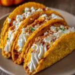Pumpkin Pie Tacos filled with pumpkin cream and topped with whipped cream, cinnamon, and caramel drizzle