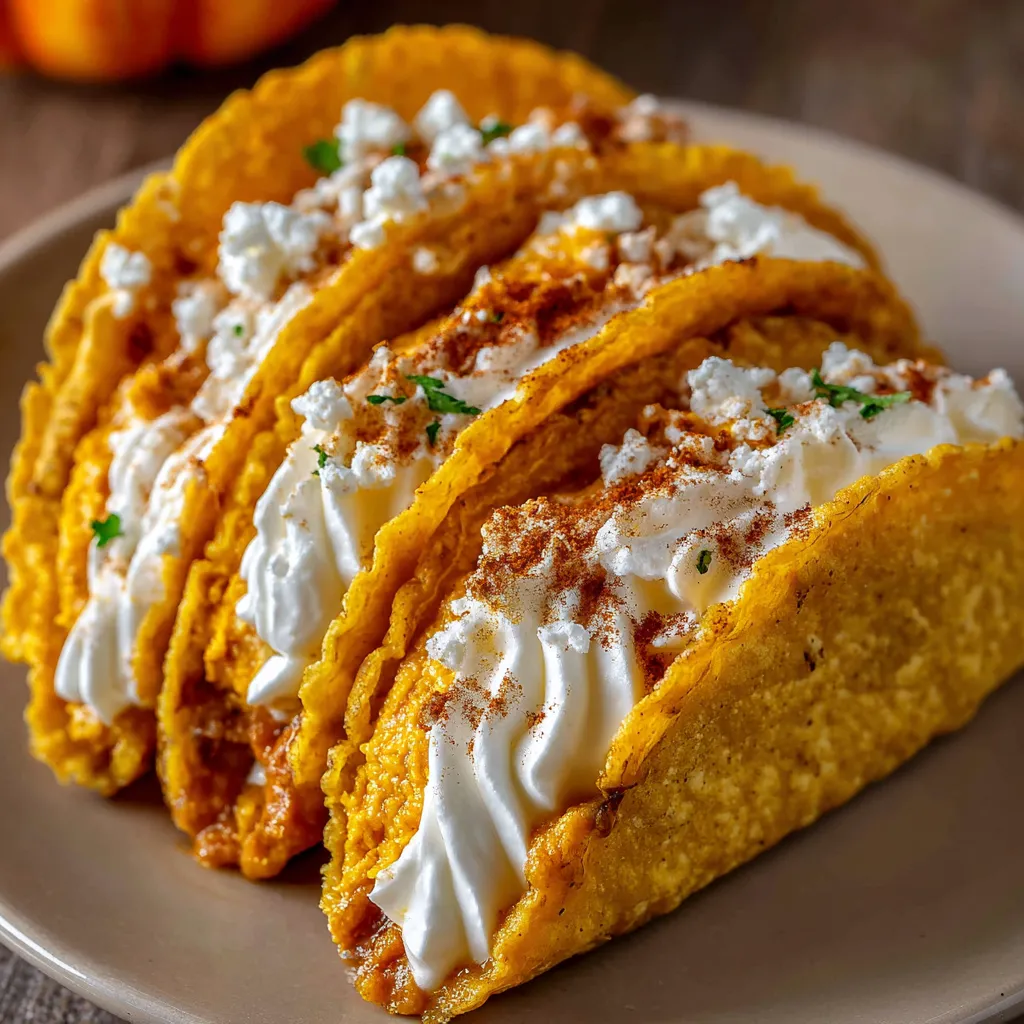 Pumpkin Pie Tacos filled with pumpkin cream and topped with whipped cream, cinnamon, and caramel drizzle