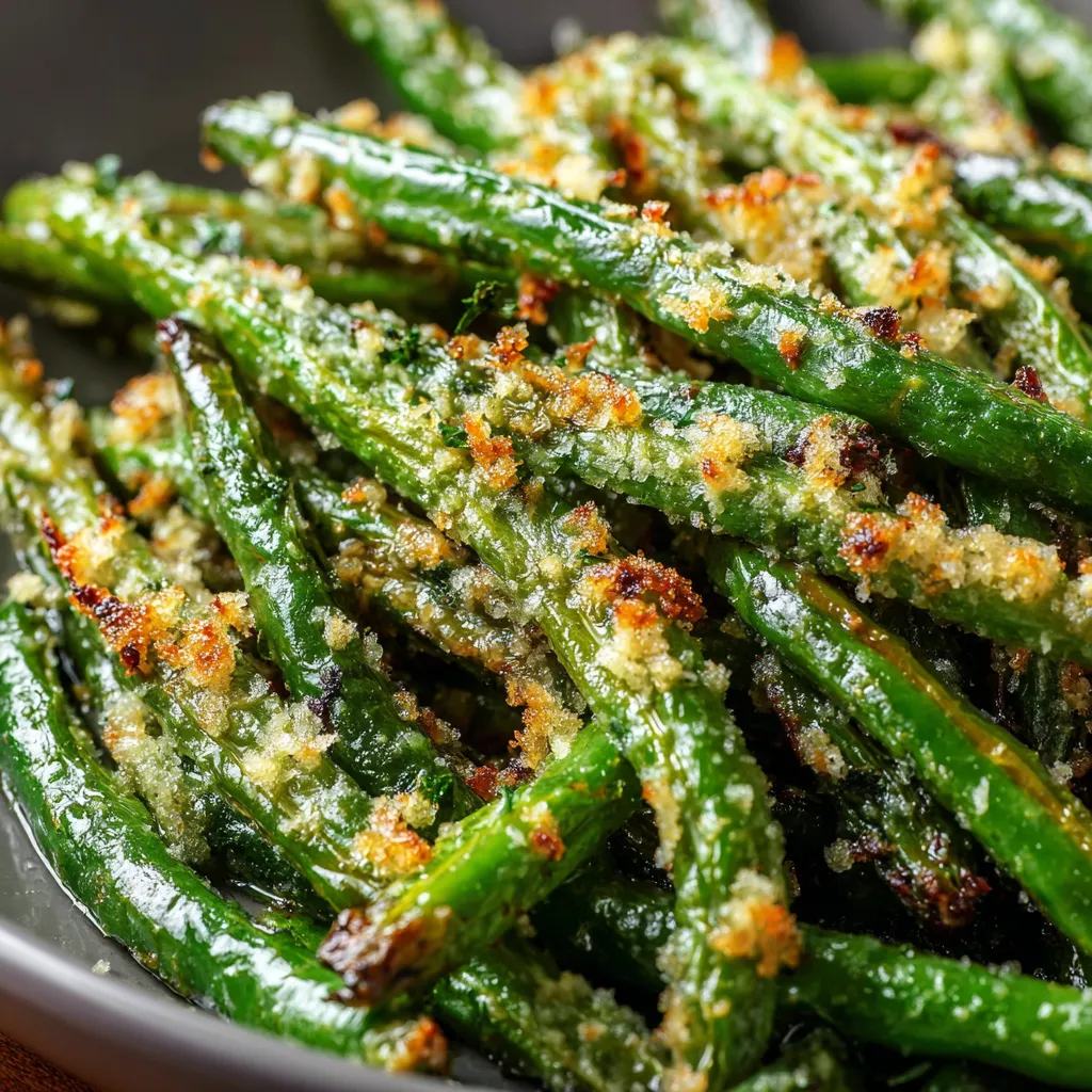 Crispy roasted green beans topped with melted Parmesan on a parchment-lined baking sheet