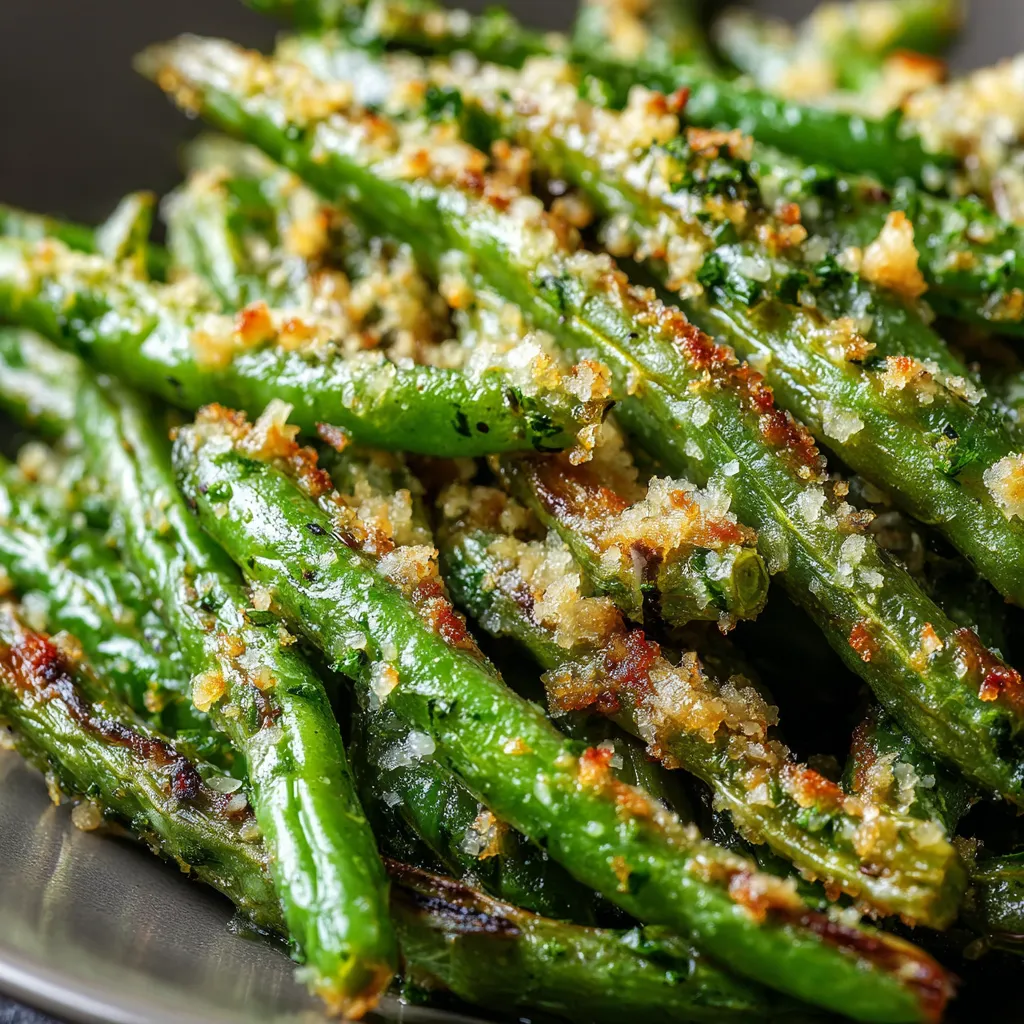 Crispy roasted green beans topped with melted Parmesan on a parchment-lined baking sheet