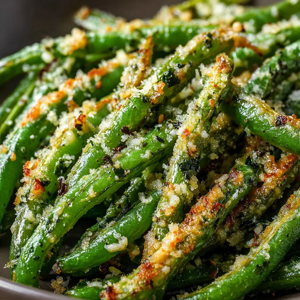 Crispy roasted green beans topped with melted Parmesan on a parchment-lined baking sheet