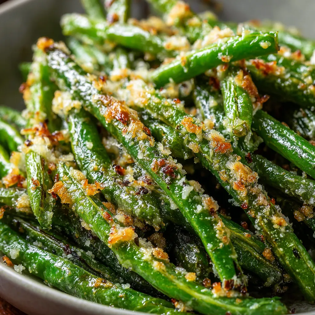 Crispy roasted green beans topped with melted Parmesan on a parchment-lined baking sheet
