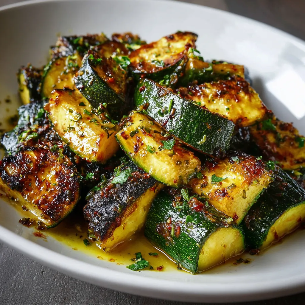 Roasted zucchini slices with golden edges topped with Parmesan and parsley on a baking sheet