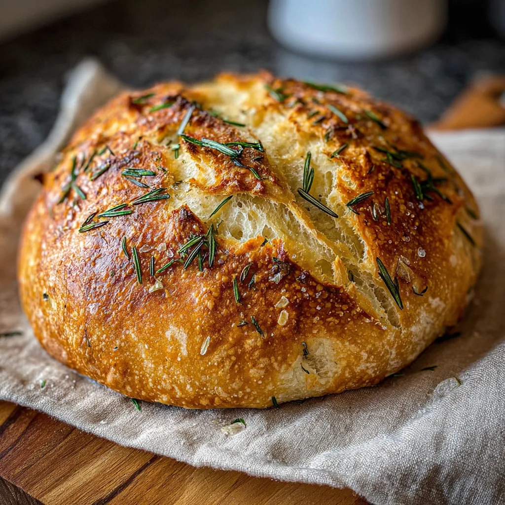 Golden crusted rustic rosemary garlic bread cooling on a wire rack with fresh rosemary scattered around.