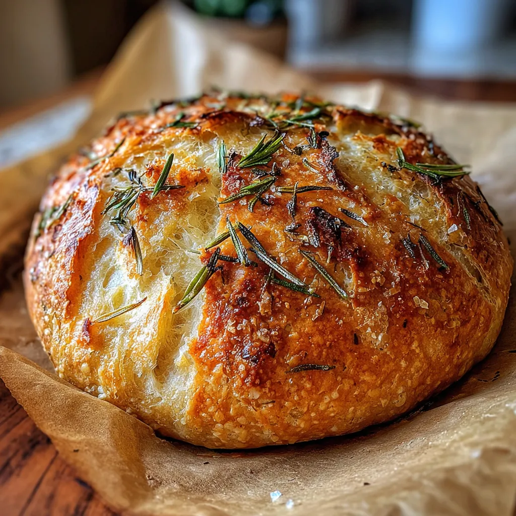 Golden crusted rustic rosemary garlic bread cooling on a wire rack with fresh rosemary scattered around.