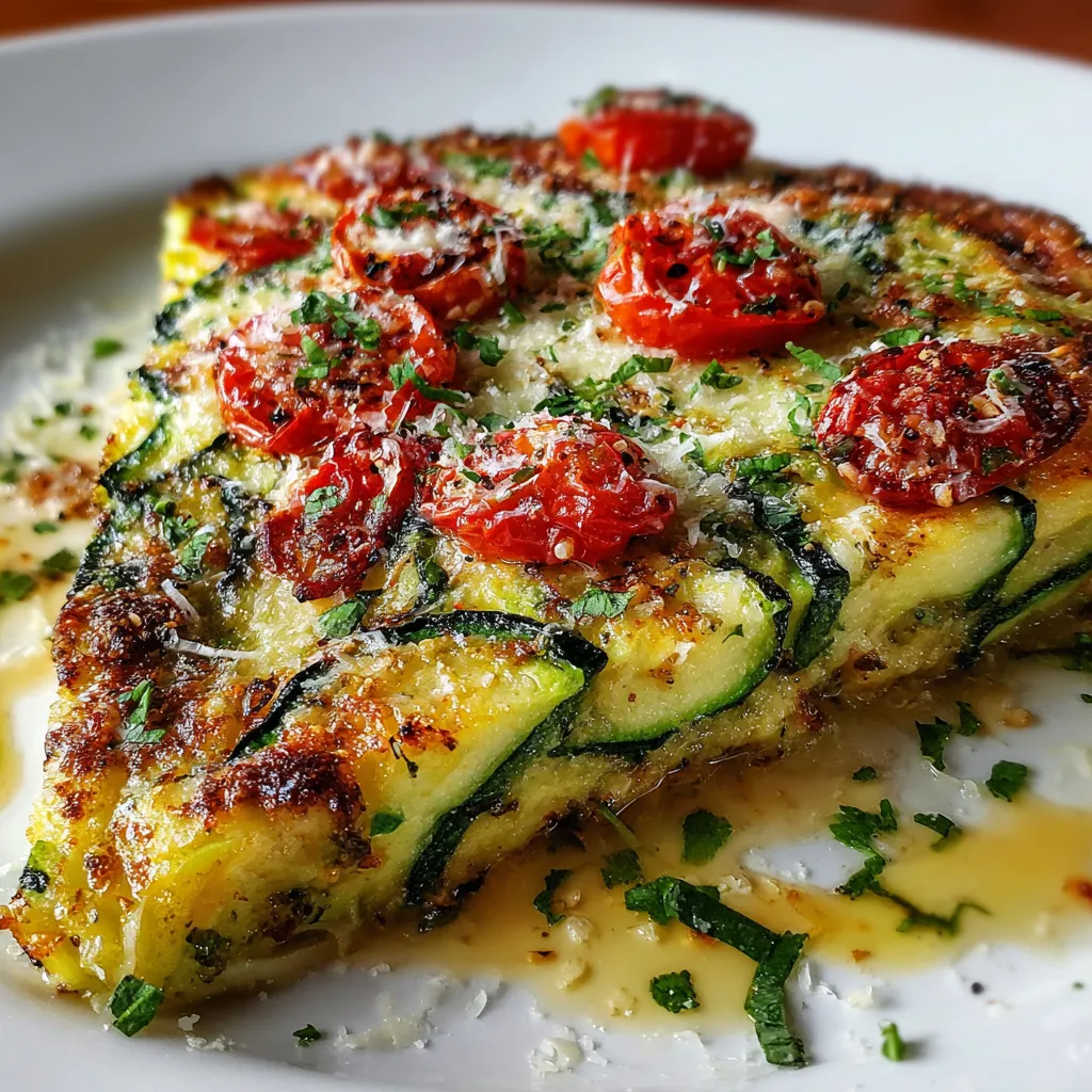 Golden, crispy baked zucchini scarpaccia topped with fresh herbs in a rustic Italian setting.