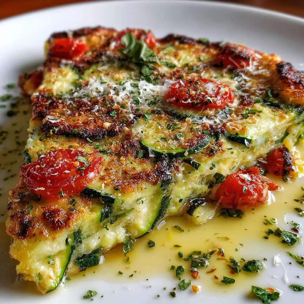 Golden, crispy baked zucchini scarpaccia topped with fresh herbs in a rustic Italian setting.