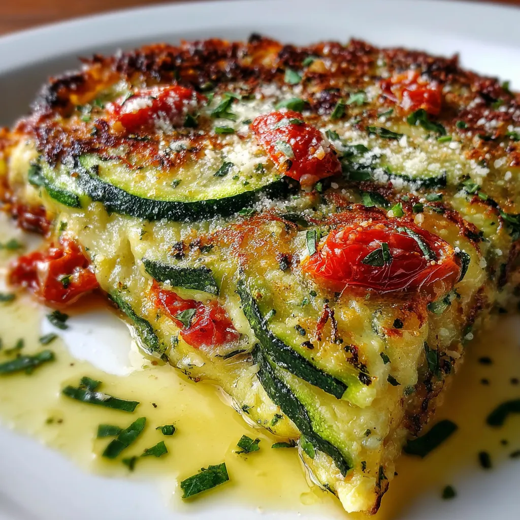 Golden, crispy baked zucchini scarpaccia topped with fresh herbs in a rustic Italian setting.