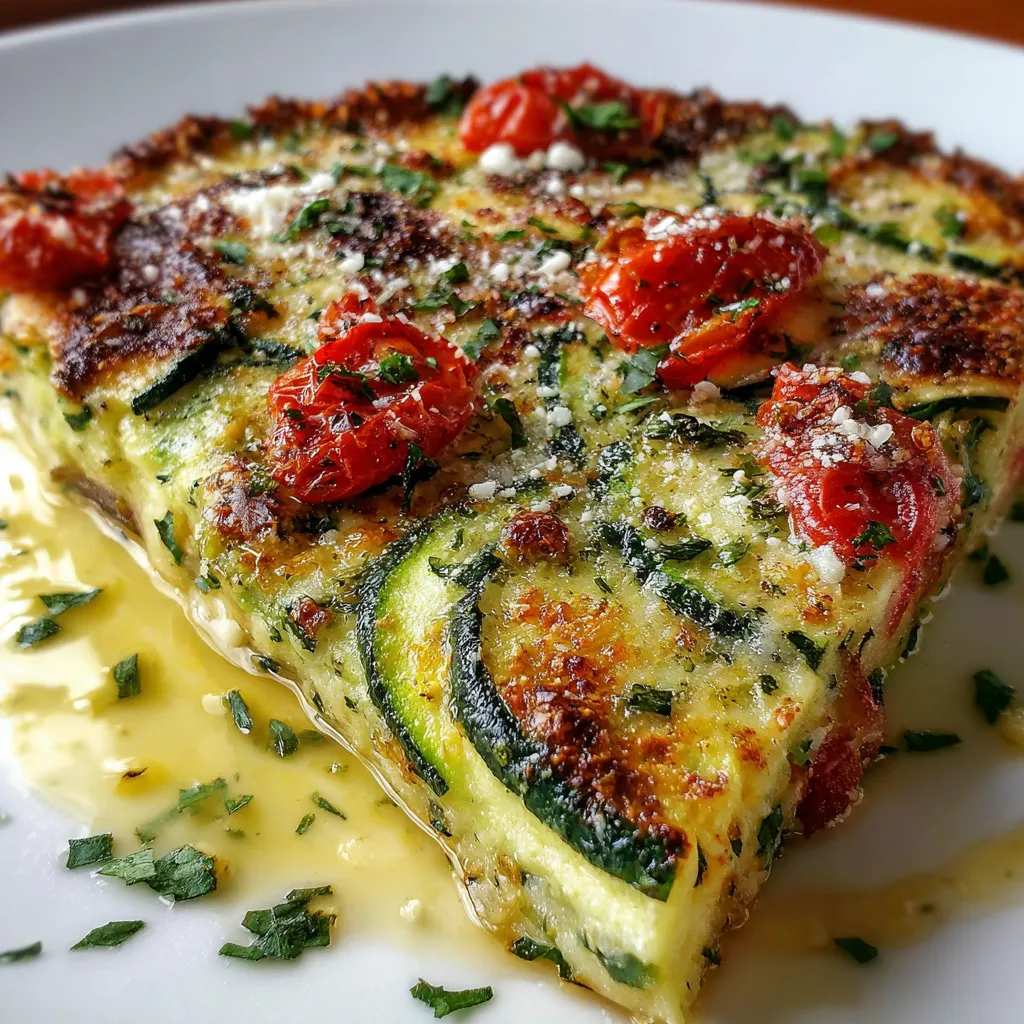 Golden, crispy baked zucchini scarpaccia topped with fresh herbs in a rustic Italian setting.