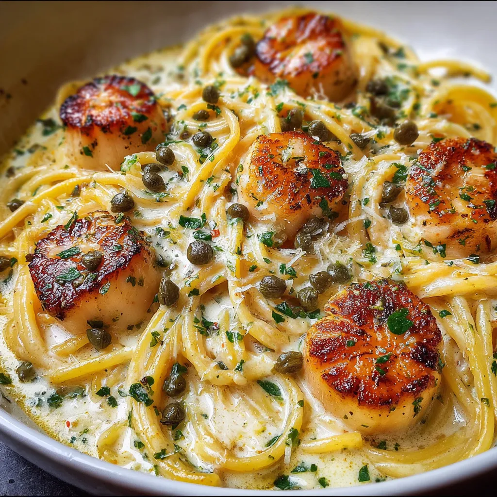Pan-seared scallops served over spaghetti tossed in white wine garlic butter sauce