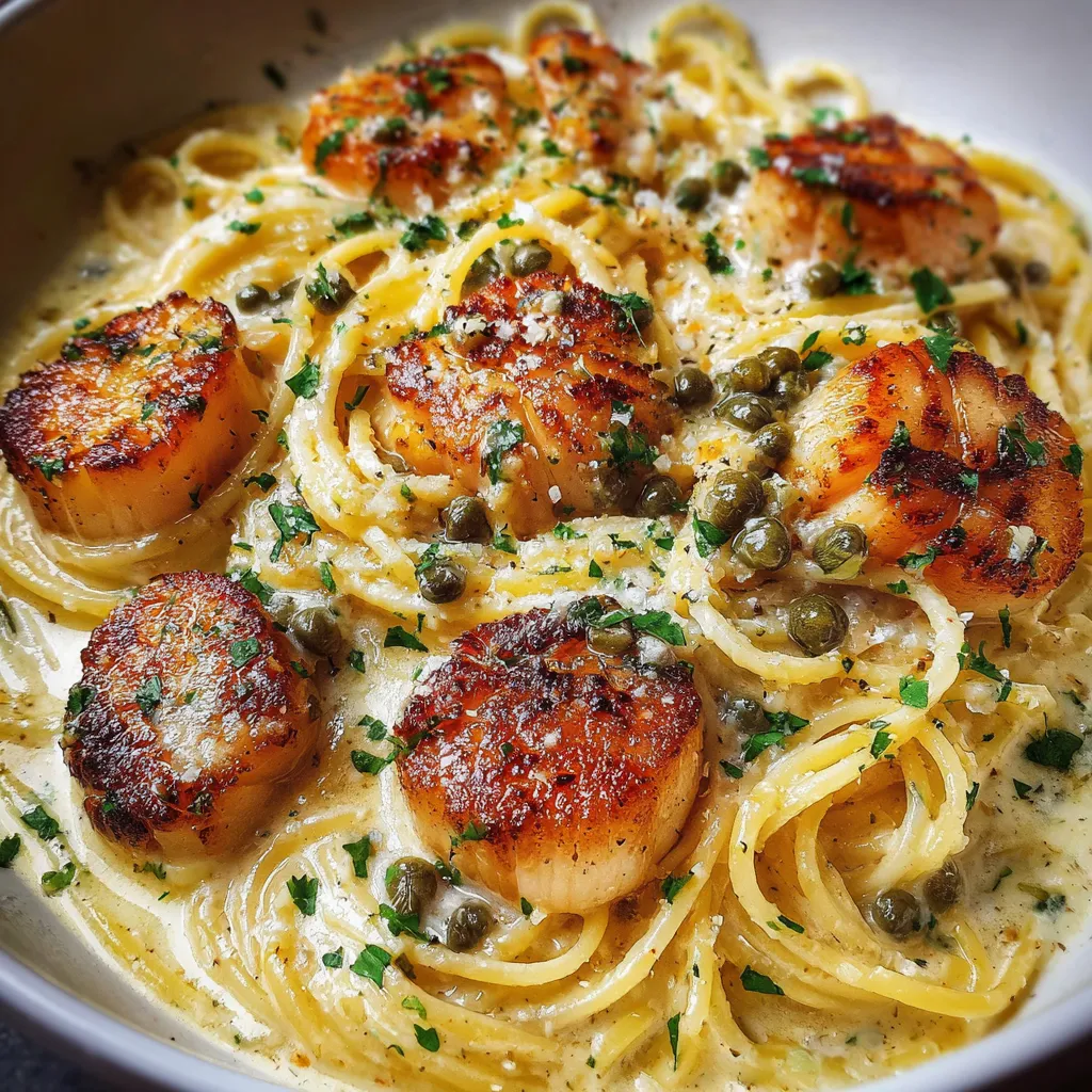 Pan-seared scallops served over spaghetti tossed in white wine garlic butter sauce