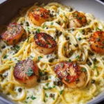 Pan-seared scallops served over spaghetti tossed in white wine garlic butter sauce