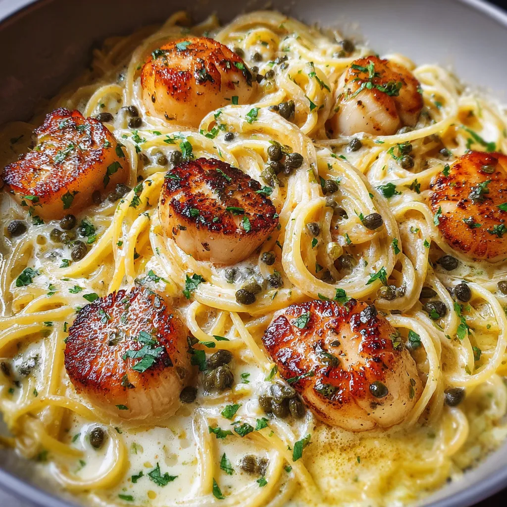 Pan-seared scallops served over spaghetti tossed in white wine garlic butter sauce