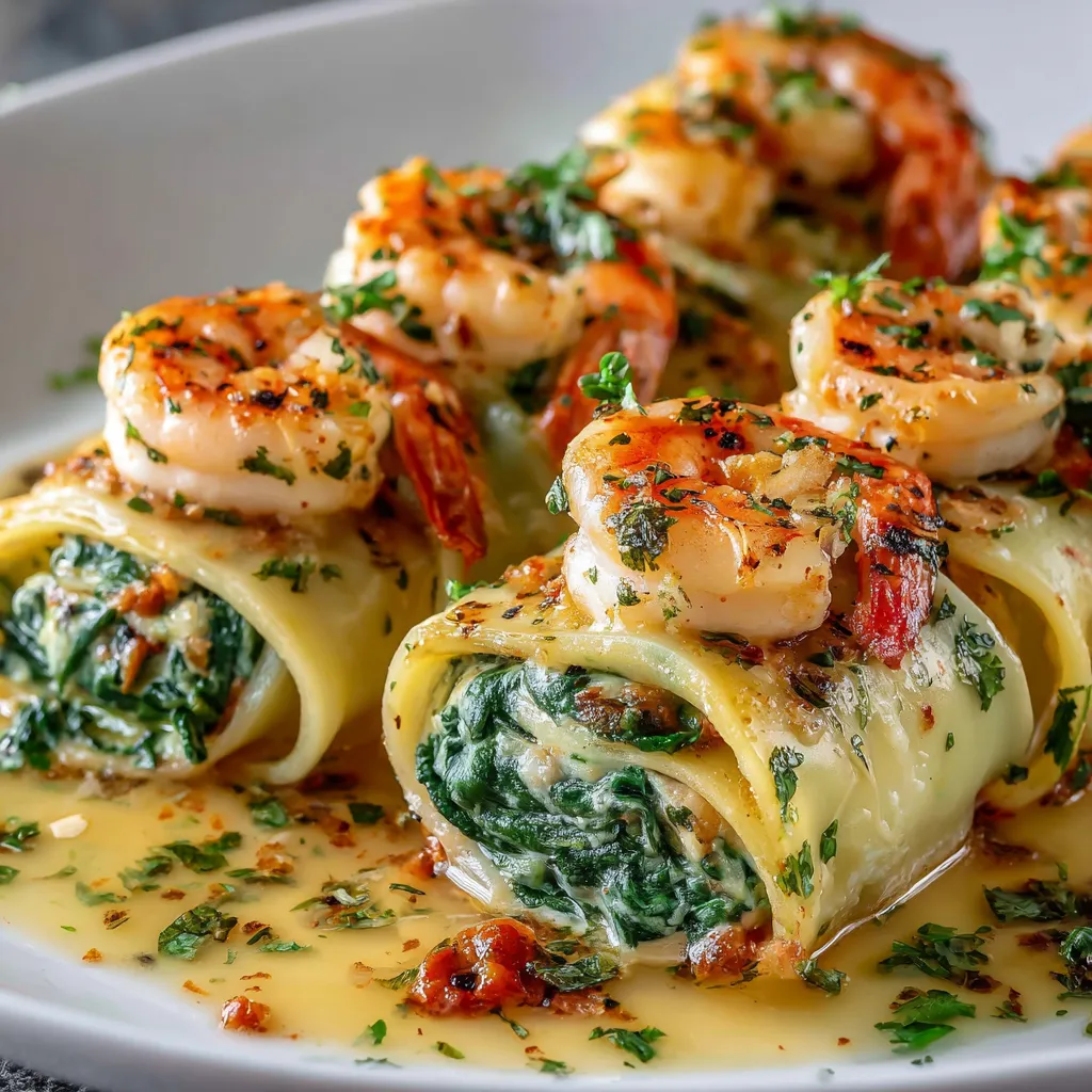 Shrimp and spinach stuffed pasta rolls topped with creamy white sauce and melted mozzarella