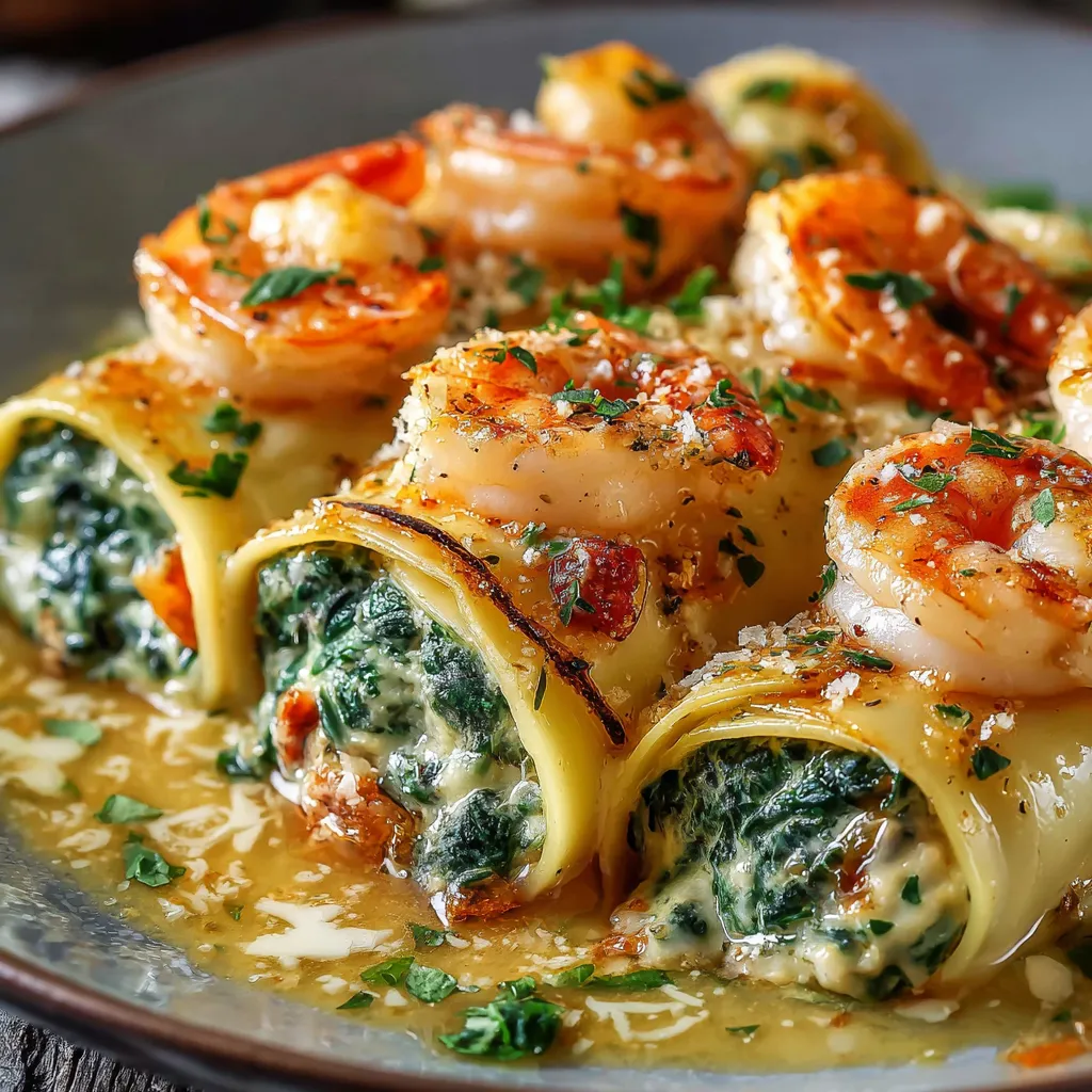 Shrimp and spinach stuffed pasta rolls topped with creamy white sauce and melted mozzarella