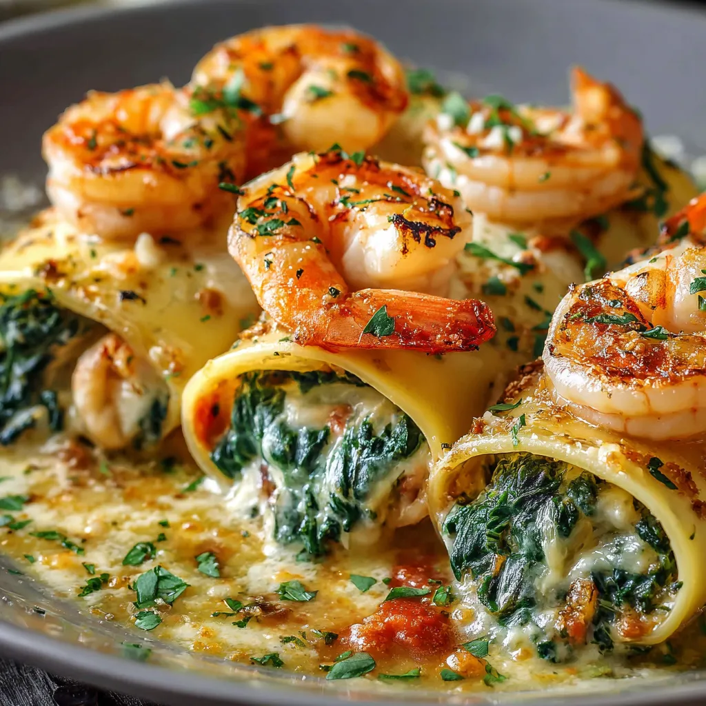 Shrimp and spinach stuffed pasta rolls topped with creamy white sauce and melted mozzarella