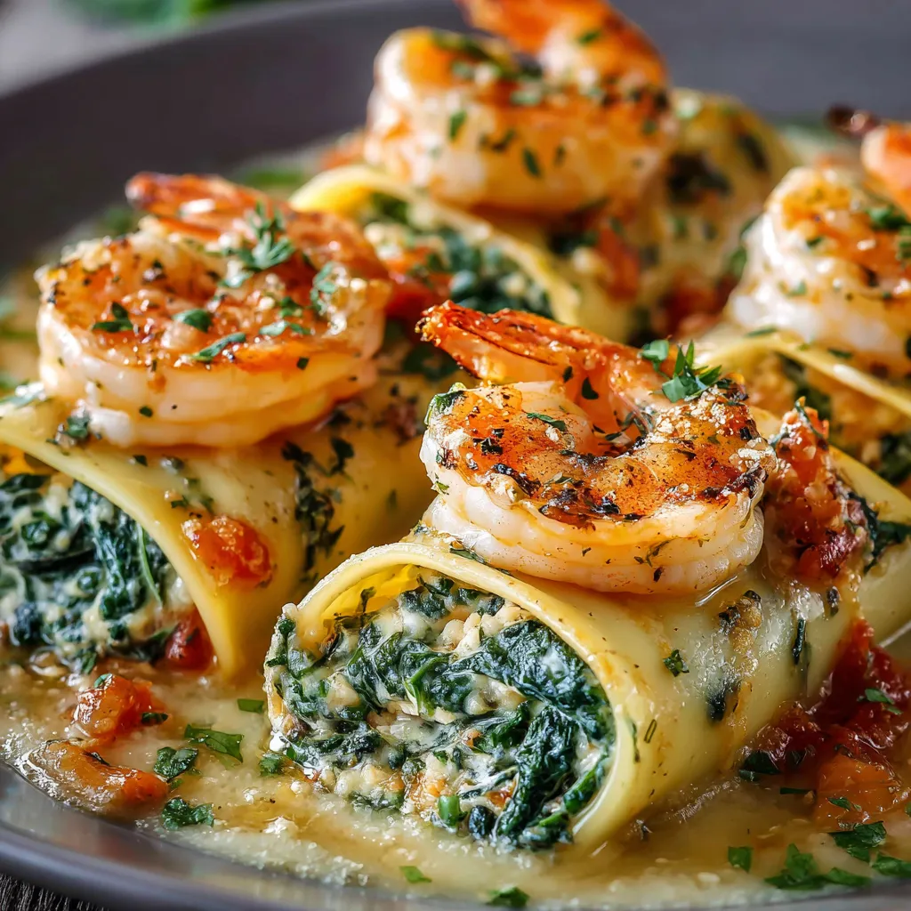 Shrimp and spinach stuffed pasta rolls topped with creamy white sauce and melted mozzarella