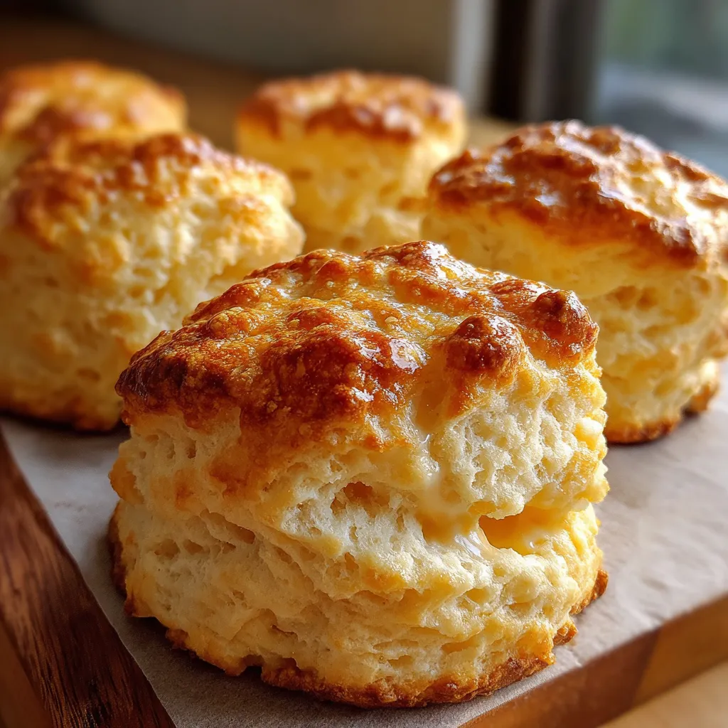 Freshly baked flaky sour cream biscuits on a parchment-lined tray