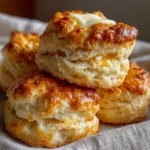 Freshly baked flaky sour cream biscuits on a parchment-lined tray