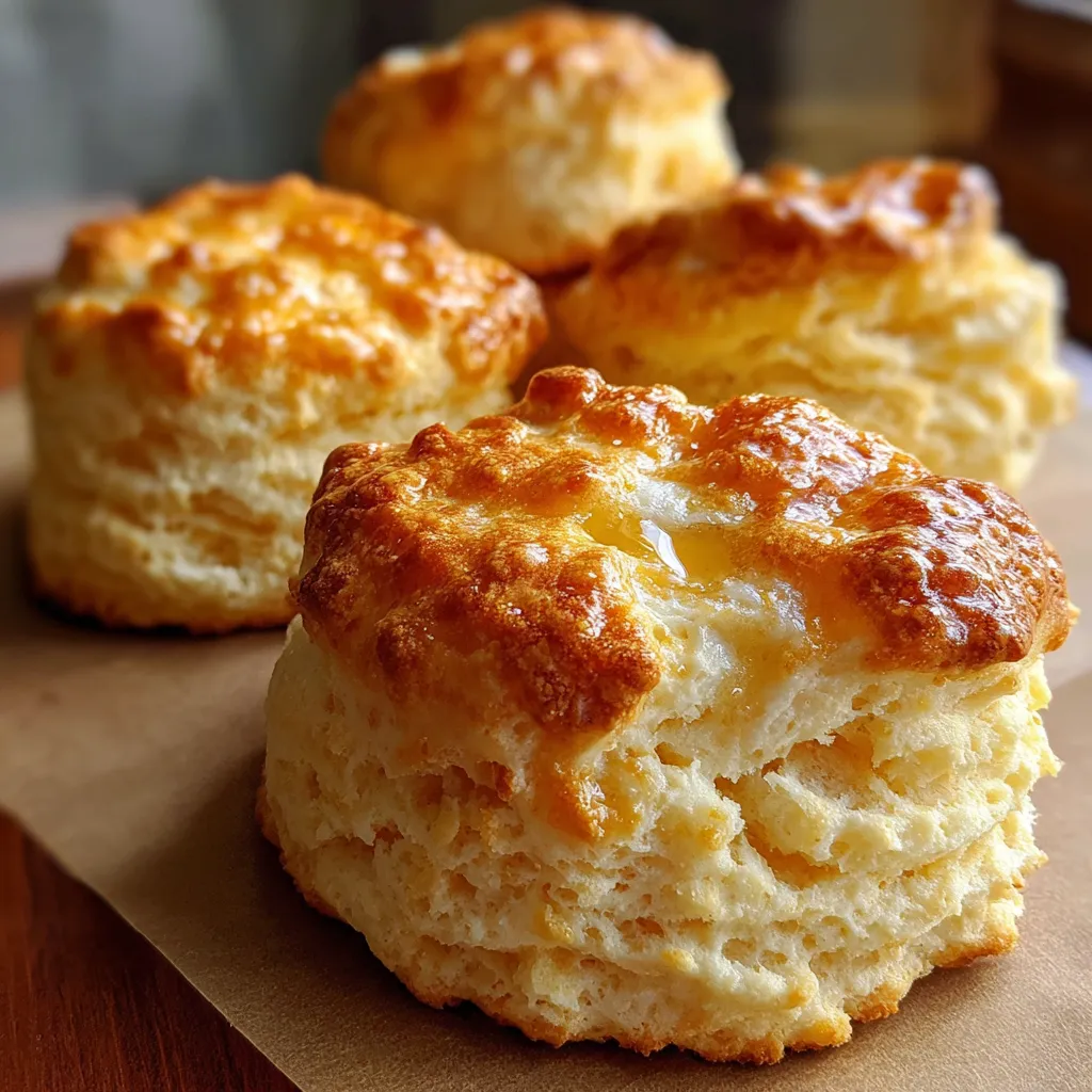 Freshly baked flaky sour cream biscuits on a parchment-lined tray