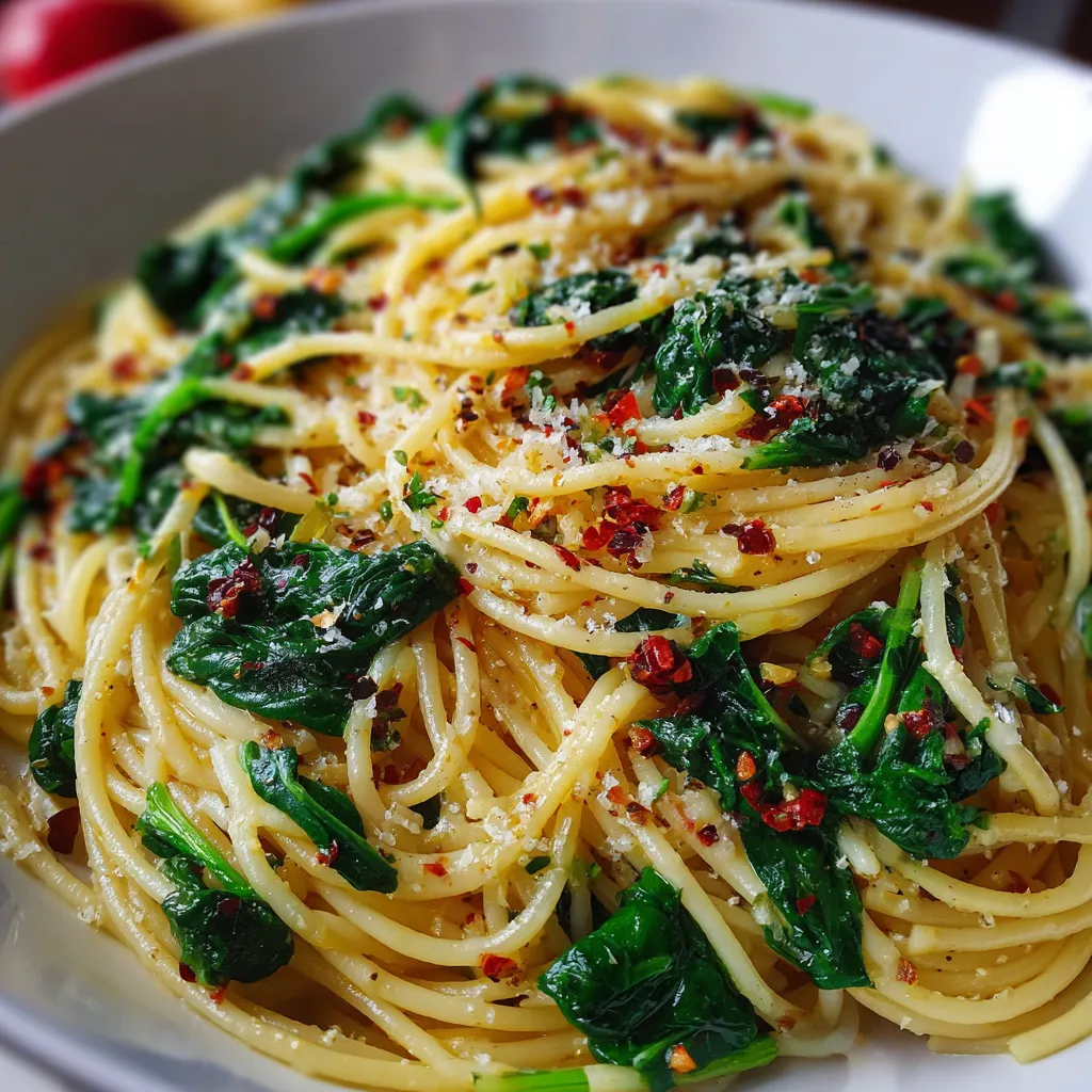 A skillet filled with spaghetti, garlic, and fresh spinach, tossed in olive oil and garnished with Parmesan.