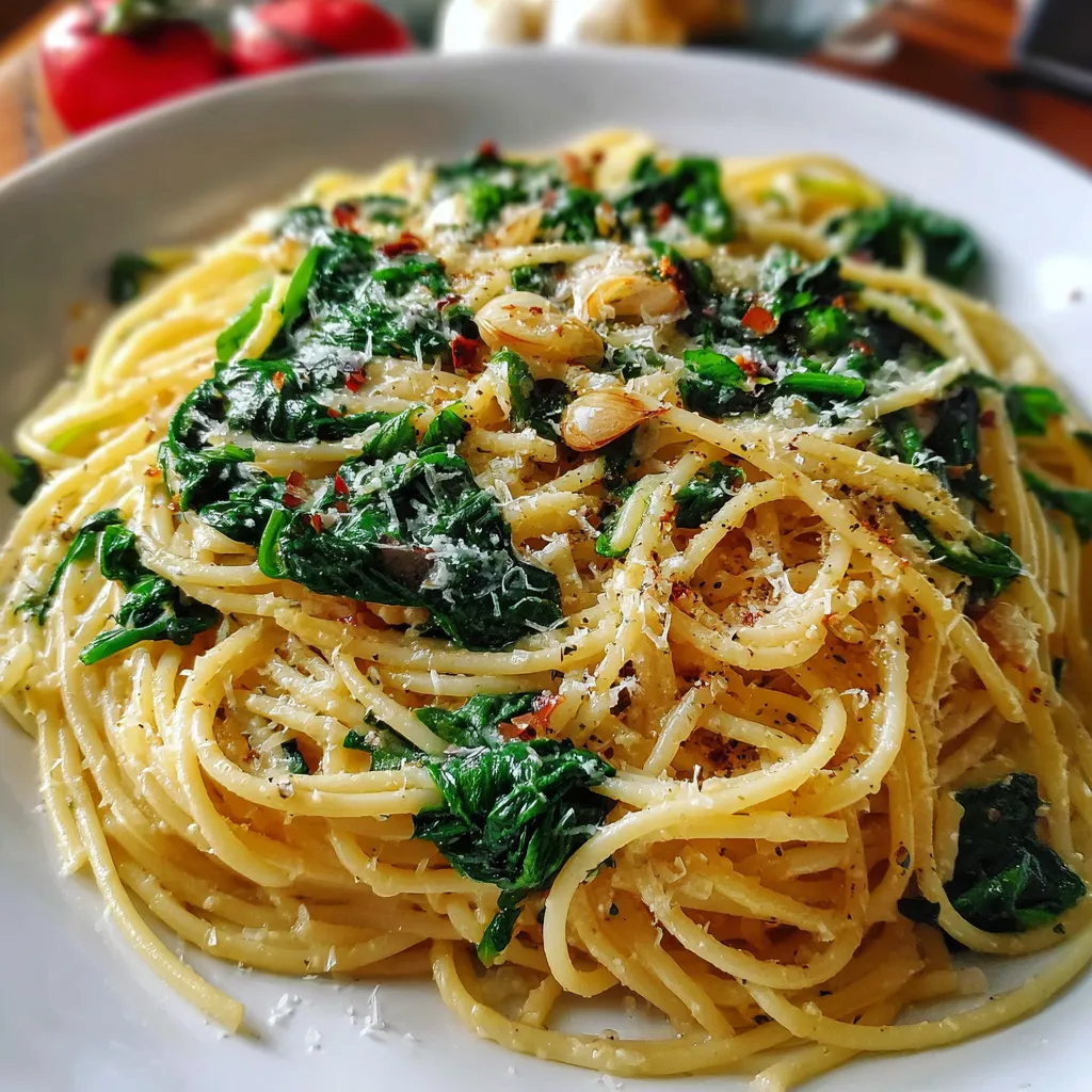 A skillet filled with spaghetti, garlic, and fresh spinach, tossed in olive oil and garnished with Parmesan.