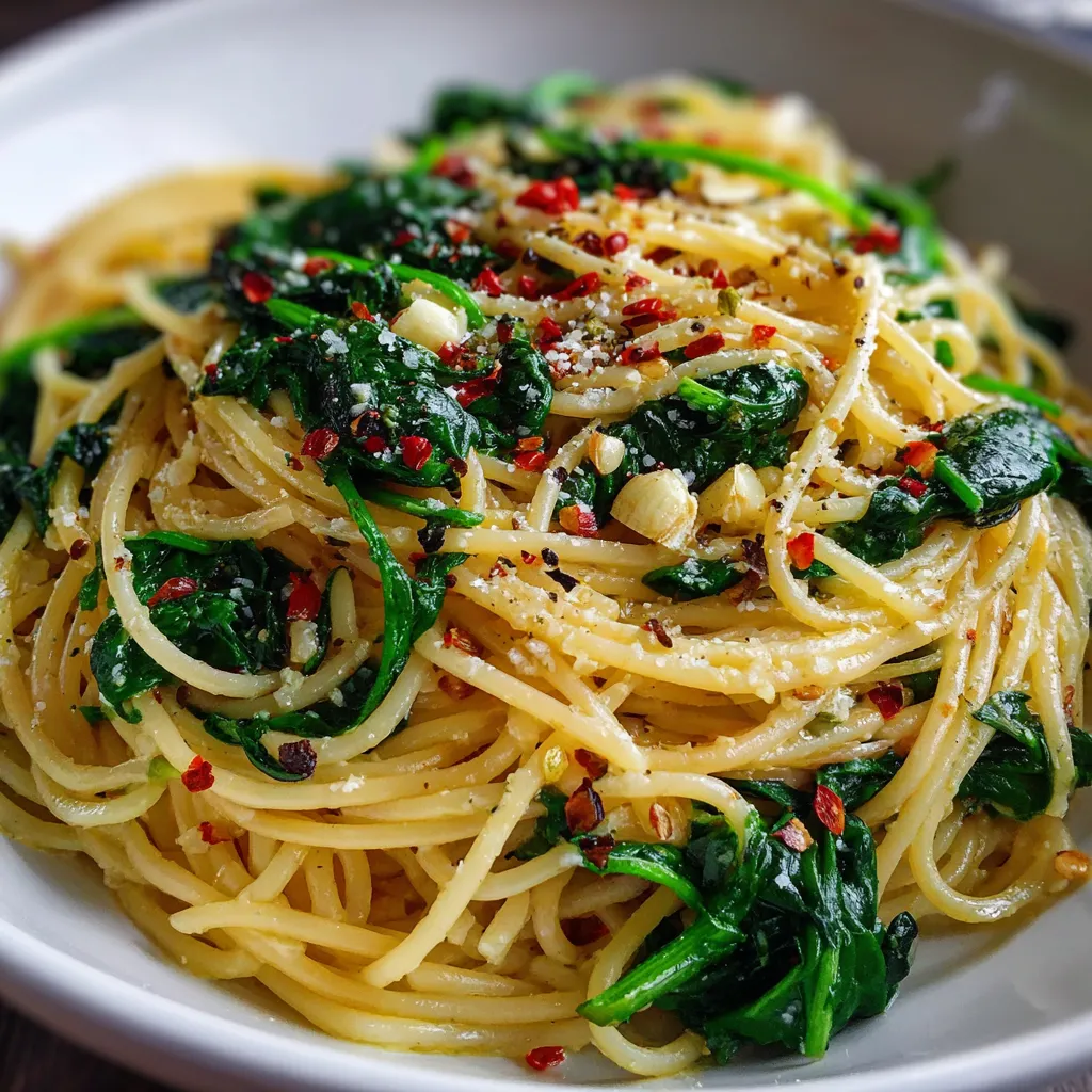 A skillet filled with spaghetti, garlic, and fresh spinach, tossed in olive oil and garnished with Parmesan.