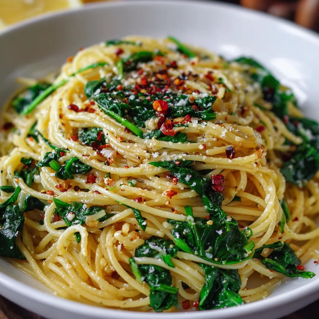 A skillet filled with spaghetti, garlic, and fresh spinach, tossed in olive oil and garnished with Parmesan.